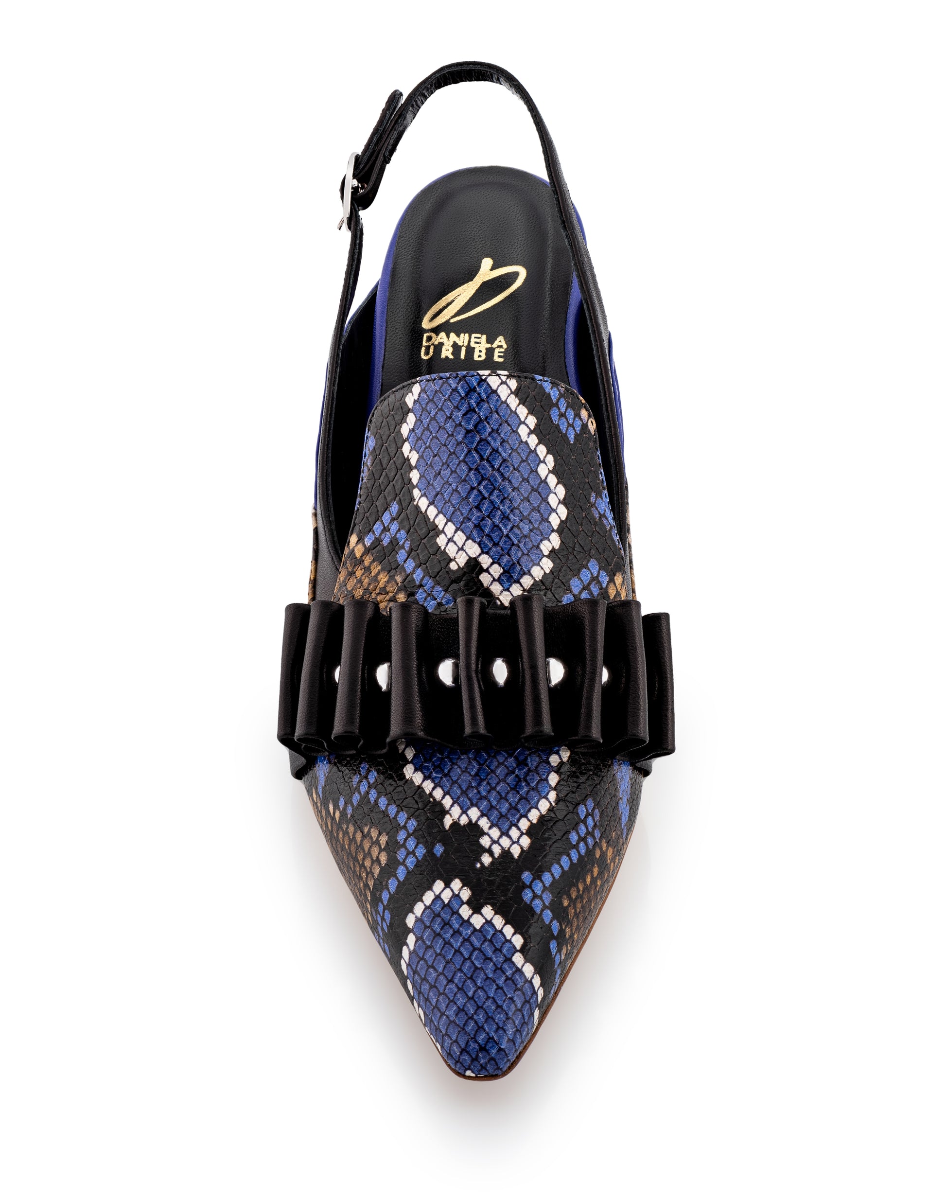 purple snake print and black leather sling heel