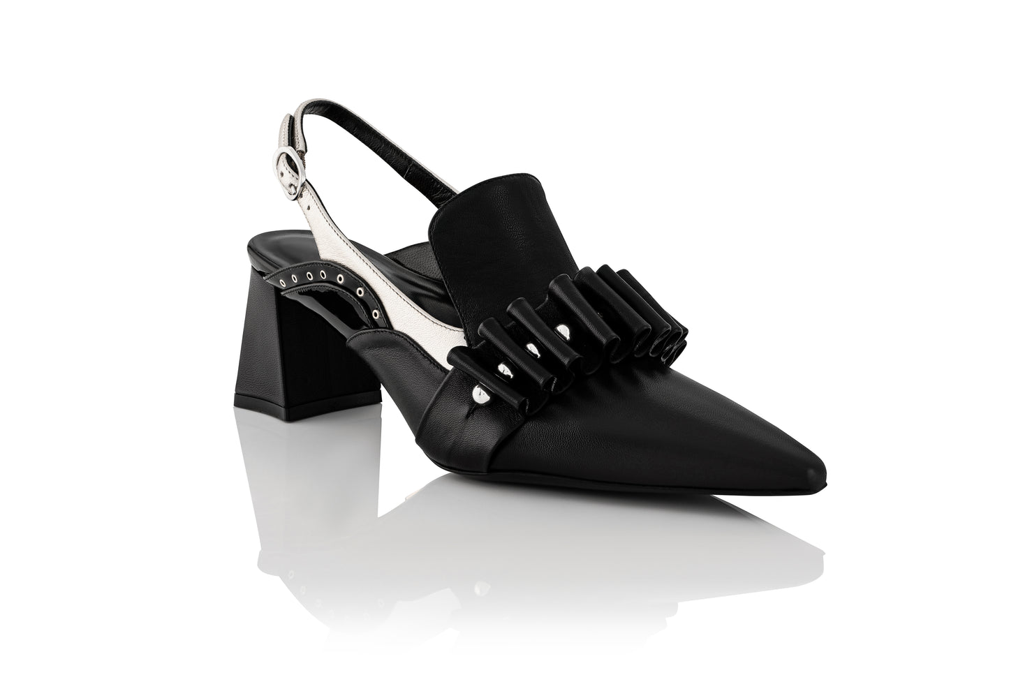 black sling heel with silver leather accents