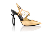 gold leather high heel with black sculptural heel made in Italy