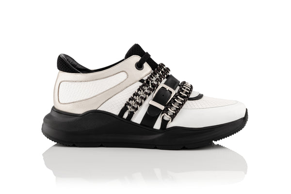 Black and white leather sneaker with silver leather accents and chains