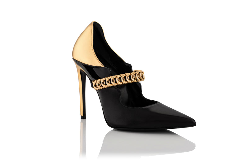 gender-neutral black and gold high heel