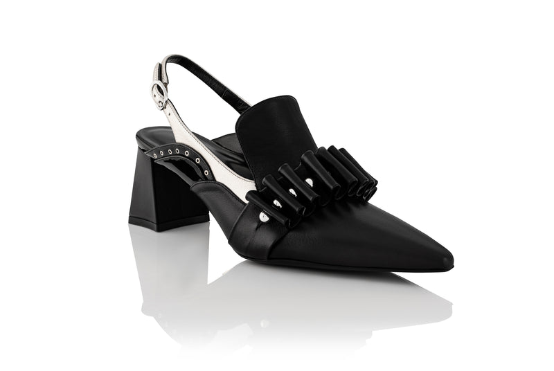 black sling heel  with silver leather accents