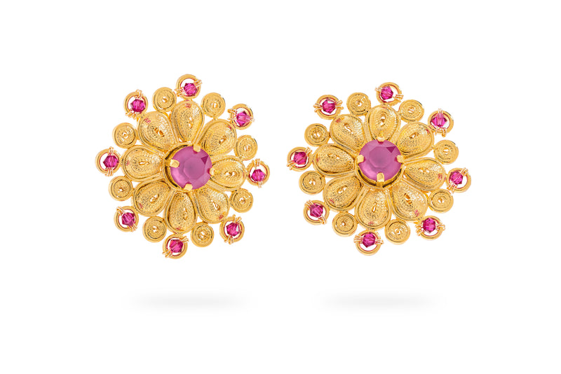 Gold plated filigree earrings with pink Swarovski crystals